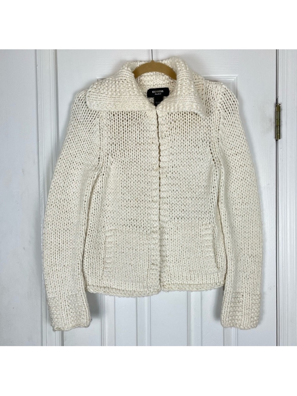 Y2K Express Sweater Women’s S Cream Wool Blend Chunky Knit Cardigan Pockets